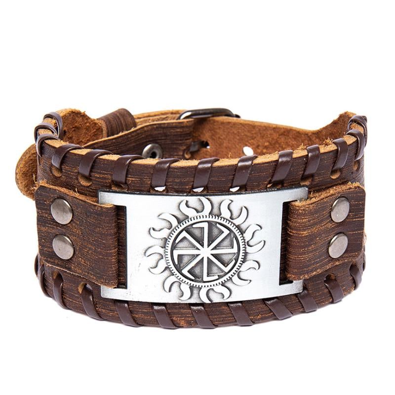Браслет-талисман мужской LIKGREAT Коловрат Черное Солнце кожаное 27х3,6 см Коричневый/Серый (SGF1078BRS)