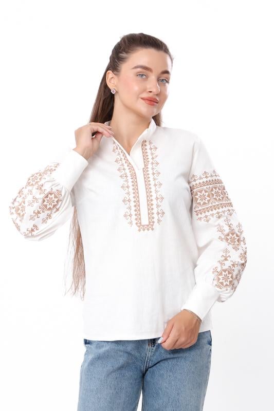 Вишиванка лляна жіноча з об'ємними рукавами та високим коміром Носи Своє р. 50 Молочний (8409-132-22)