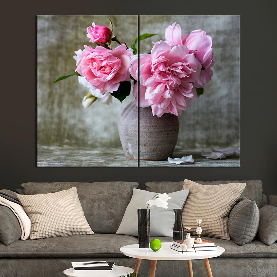 Картина цветы и растения Пионы в серой вазе 165x122 см (A974-2)