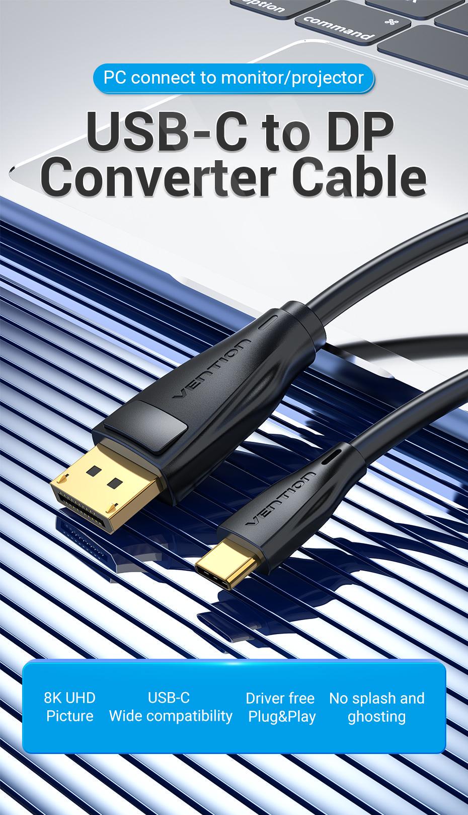 Кабель Vention Type-C-DisplayPort 1.4 8K 60Hz конвертер USB-C до DP 1.4 1,5 м Черный (CGYBG) - фото 2 Кабель Vention Type-C-DisplayPort 1.4 8K 60Hz конвертер USB-C до DP 1.4 1,5 м Черный (CGYBG) - фото 2