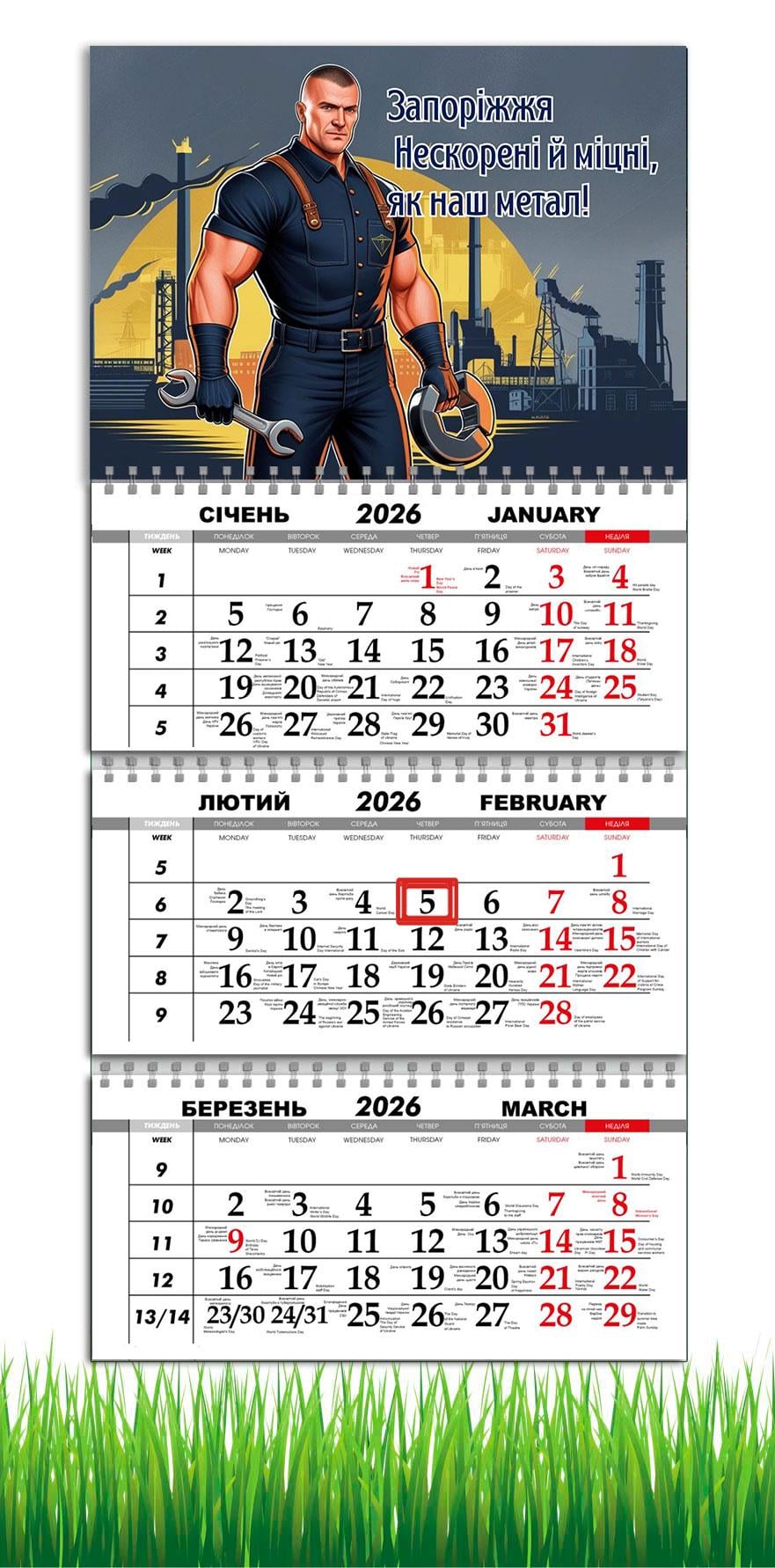 Календарь настенный квартальный на 2026 год APRIORI Запорожье на 3 пружины 30х61 см (29157716)