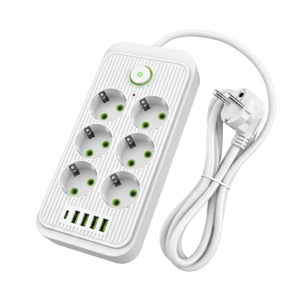 Удлинитель с предохранителем 6 розетками/4 USB/1 Type C с заземлением 2500 Вт 5 м Белый (38136726)