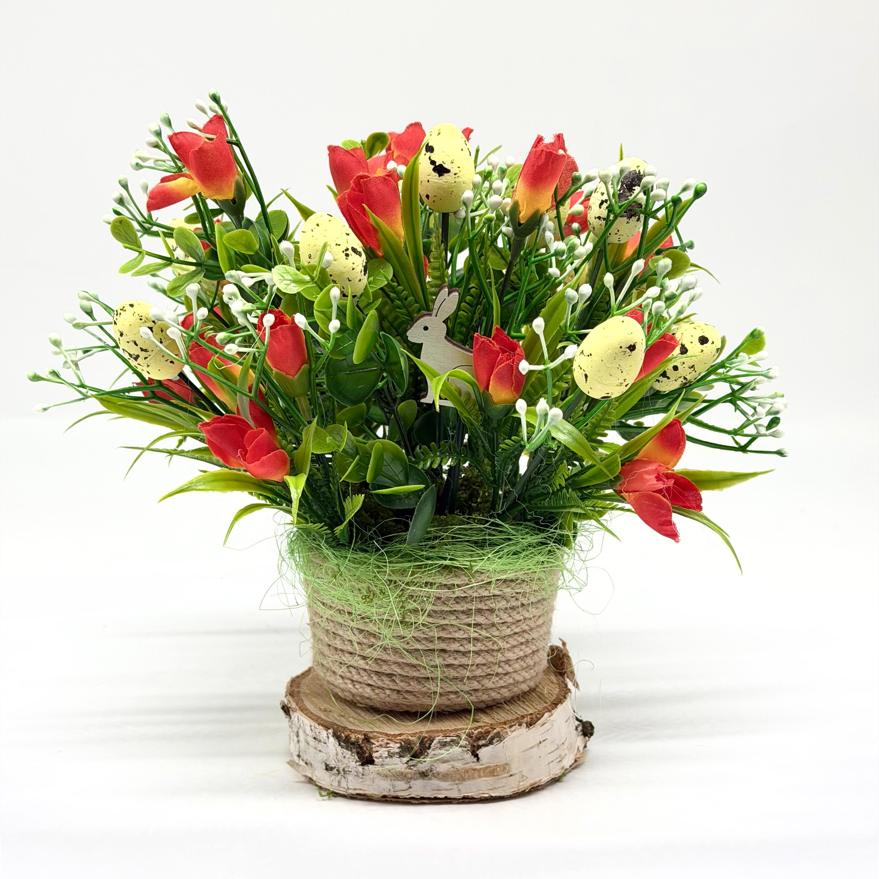 Пасхальная композиция ДАЙС из искусственных красных цветов и яиц на спиле 15х20 см (КС1520К)