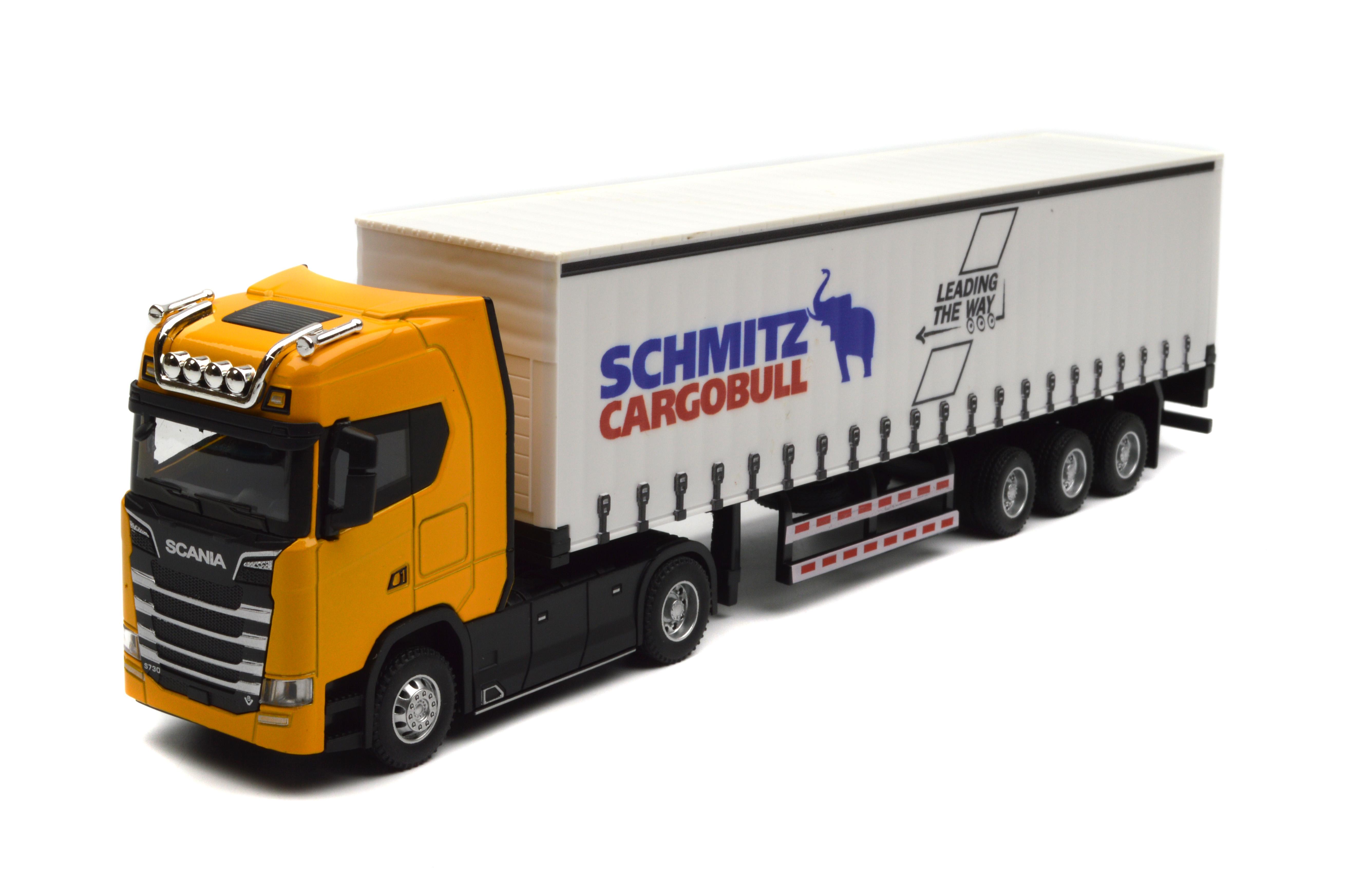 Масштабная модель тягача Scania с прицепом Schmitz Cargobull металлический свет/звук/инерция (JG2628Y)