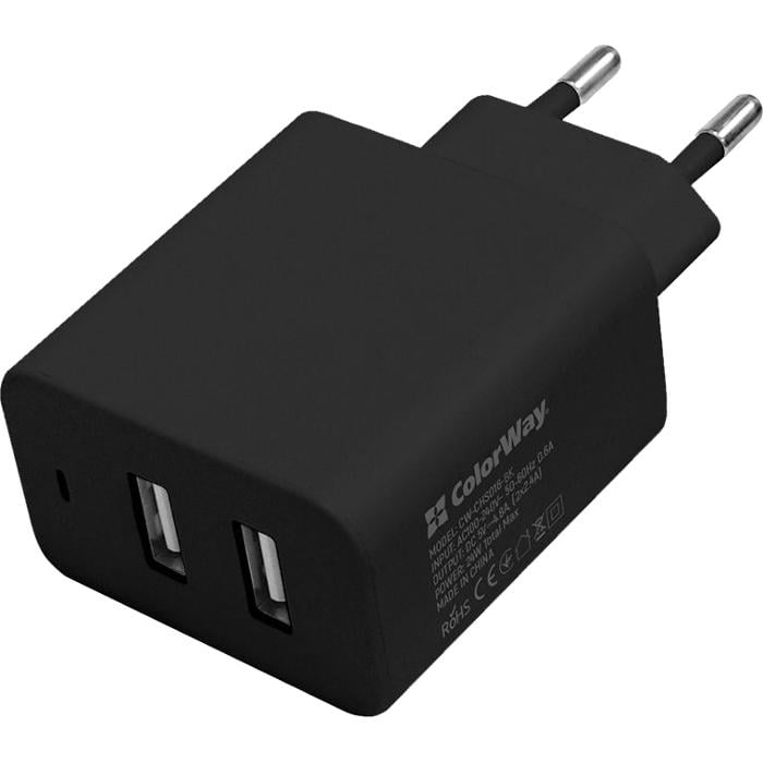 Зарядное устройство сетевое ColorWay CW-CHS016-BK 2xUSB-A Auto ID 5V 2.4A Black