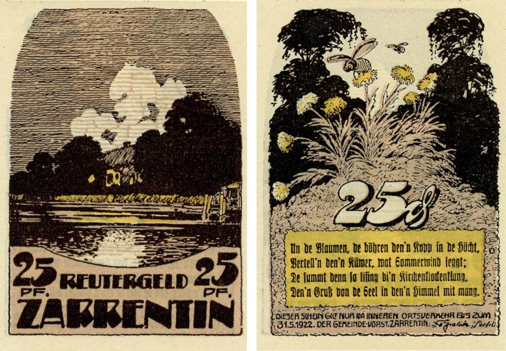 Коллекционная банкнота Германия Нотгельд 25 пфеннигов 1922 F-VF Царрентин (Б18574)