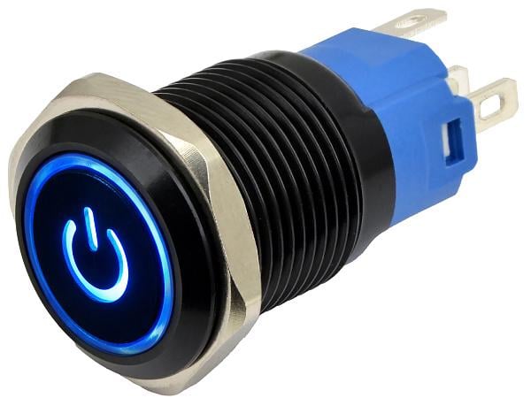 Кнопка металлическая АСКО TYD 16 1CO 16 мм 5A с подсветкой синий LED 230V с фиксацией Черный (A0140010302)