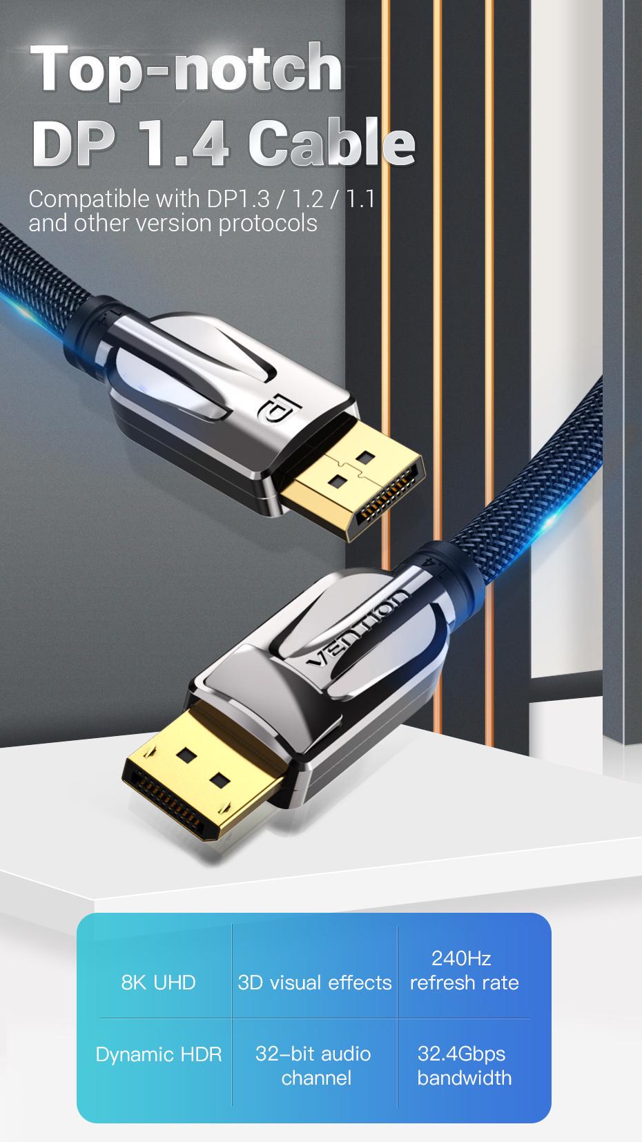 Кабель Vention DisplayPort 1.4 8K 60Hz 4K 144Hz 1080p 240Hz 32.4 Гбіт/с DP Dynamic HDR G-Sync Free Sync 1,5 м Чорний (HCABG) - фото 3