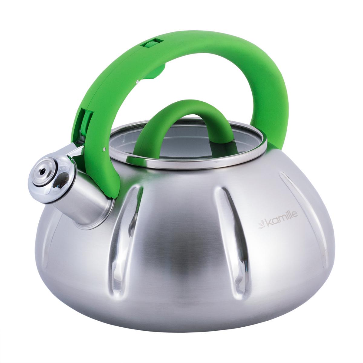 Чайник Kamille Vizo из нержавеющей стали со свистком с зеленой ручкой 3 л Серебристый (0671) - фото 1 Чайник Kamille Vizo из нержавеющей стали со свистком с зеленой ручкой 3 л Серебристый (0671) - фото 1