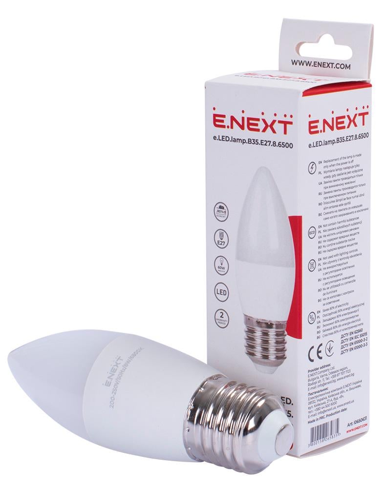 Лампа LED E.NEXT e.LED.lamp.B35.E27.8.6500 8W 220V 800lm 6500K E27 свічка (l0650631) - фото 2 Лампа LED E.NEXT e.LED.lamp.B35.E27.8.6500 8W 220V 800lm 6500K E27 свічка (l0650631) - фото 2