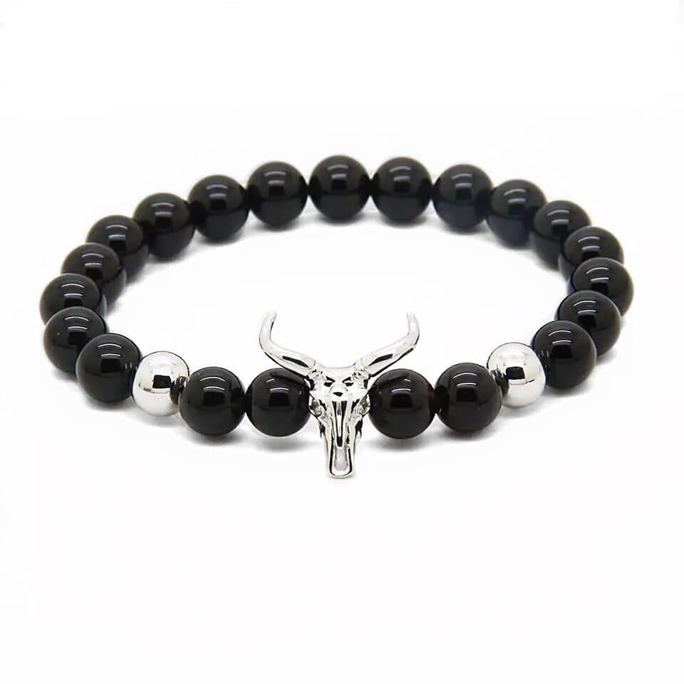 Браслет из агата с антилопой р. 18 Серебряный/Черный (40008)