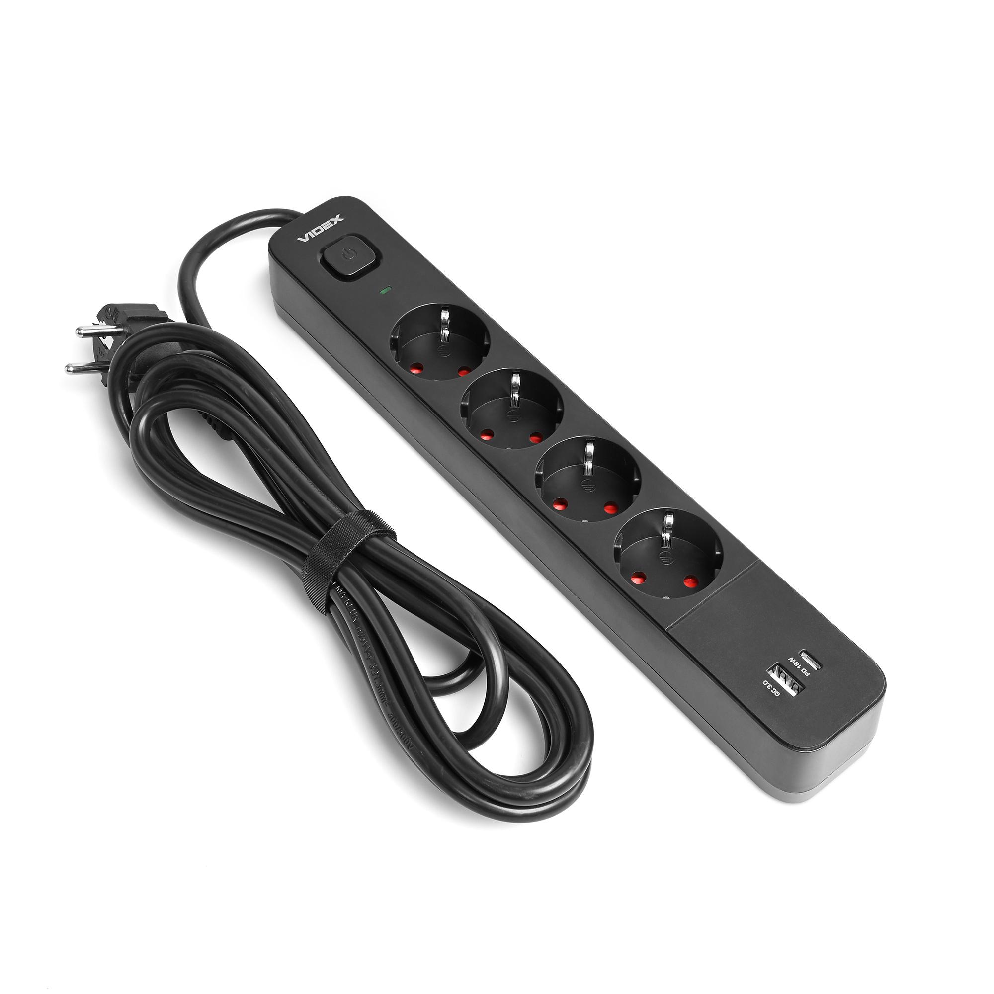 Удлинитель сетевой Videx VF-PD43G1QC1PD-B ONCORD з/з 4п 3 м 3,4 А USB QC3.0 USB-C PD18W с кнопкой (27696) - фото 2