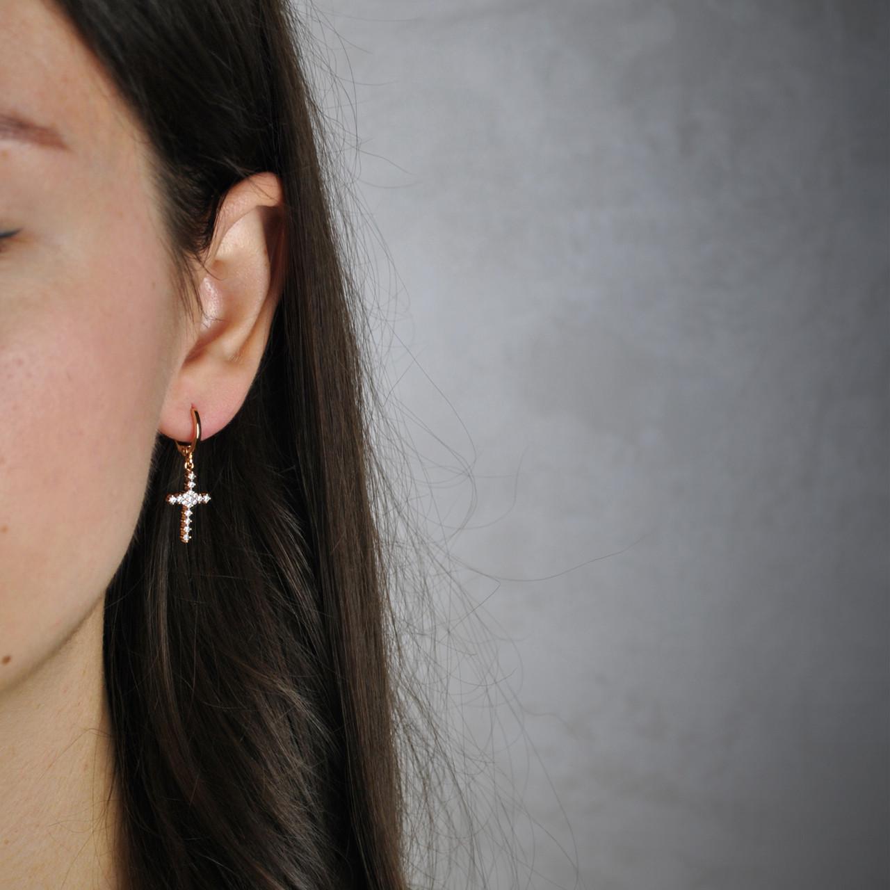 Сережки кольца крестики с фианитами медицинская сталь позолота (x084-2) - фото 2