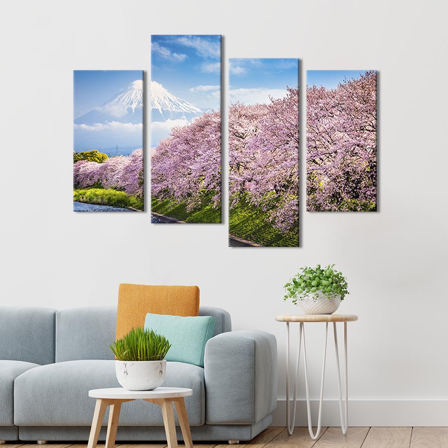 Модульная картина из четырех частей на холсте интерьерная картина Сакура на берегу реки и вулкан 89x56 см (616-42)