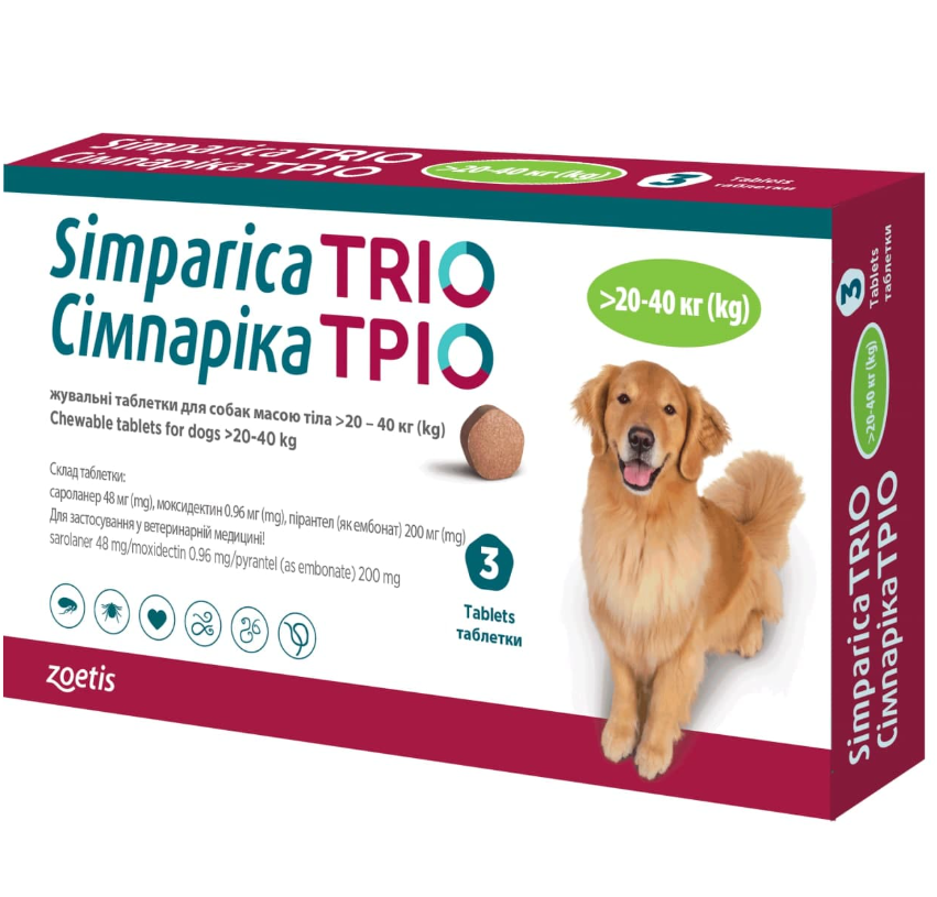 Таблетка ветеринарная Симпарика ТРИО 20,1-40 кг 3 таб/уп