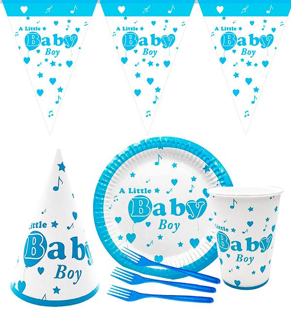 Набор одноразовой посуды Baby boy 10 тарелок/вилок/стаканчиков/колпаков/1 гирлянда (9542155)