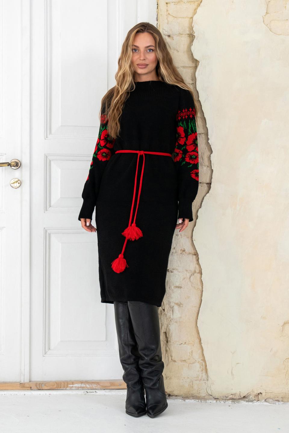 Платье вязаное с орнаментом р. 48-54 Черно-красный (ЛЮ03)