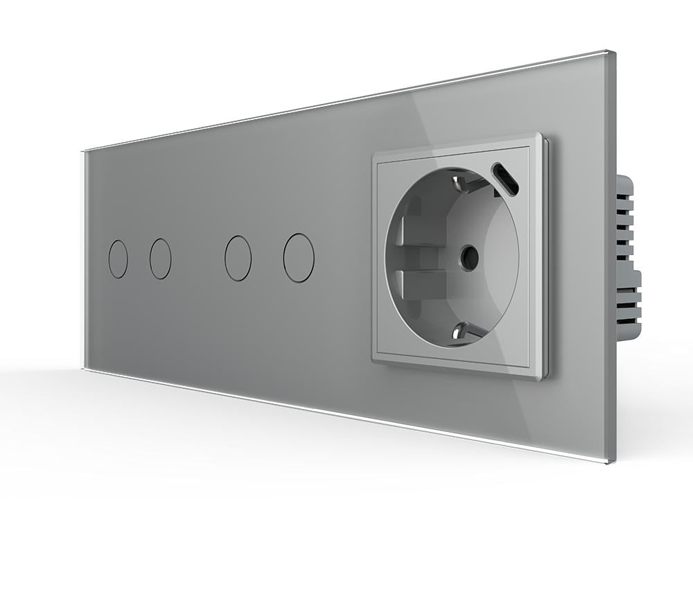 Выключатель проходной Livolo сенсорный 4 сенсоры 2-2 с розеткой USB Type-C 18 Вт с заземлением стекло Серый Выключатель проходной Livolo сенсорный 4 сенсоры 2-2 с розеткой USB Type-C 18 Вт с заземлением стекло Серый