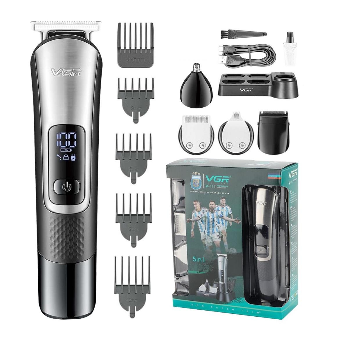 Машинка-триммер аккумуляторная VGR V-111 для бороды носа и ушей с подставкой 9 насадок Серый