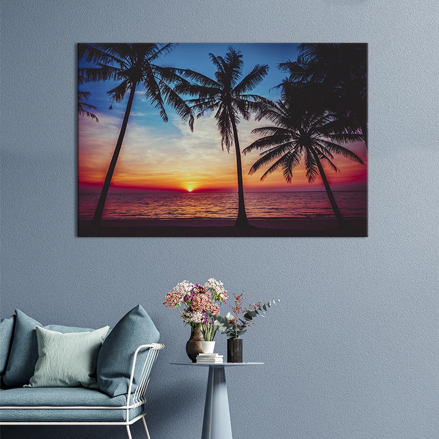 Настенный декор картина на холсте для интерьера Фиолетовый закат на тропическом пляже 120x80 см (429-1)