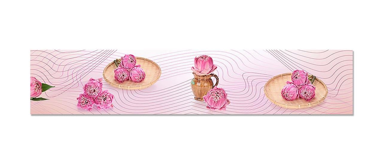 Фартук кухонный Пионы линии геометрия 60х300 см Розовый