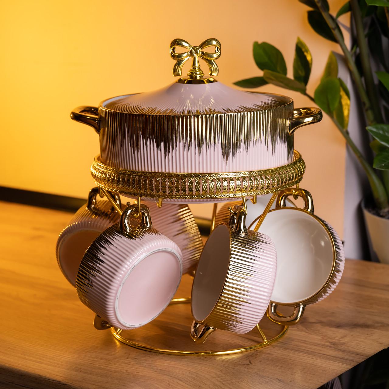 Сервіз суповий на 6 персон супниця на підставці з бульйонницями 2 л 400 мл Рожевий з золотим (FM-A23-5)