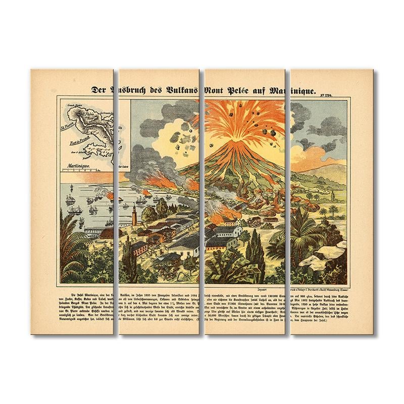 Винтажная карта Вспышка горного вулкана на Мартинике 4 модуля 90x135 см