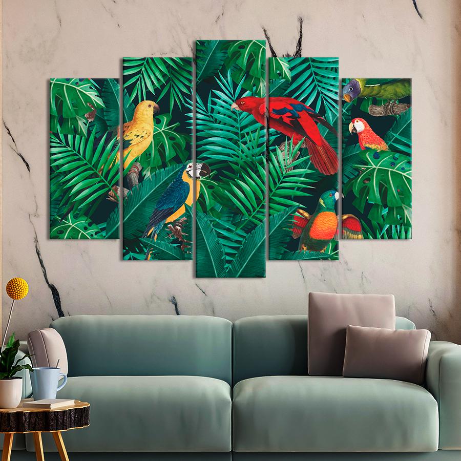 Картина на полотні Яскраві папуги серед тропічного листя 137x85 см (V297-5_L)