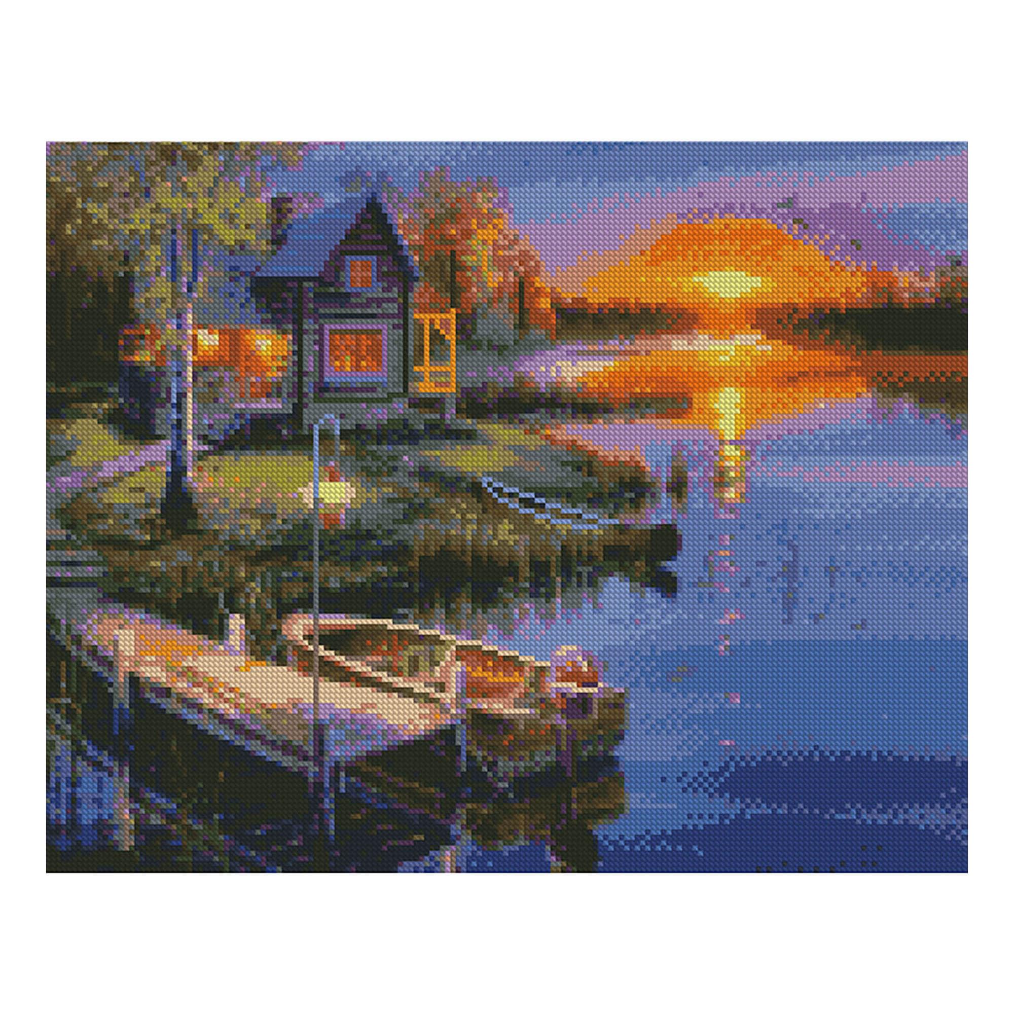 Алмазная мозаика Strateg Домик у реки на закате 40х50 см (Str-FA10030)