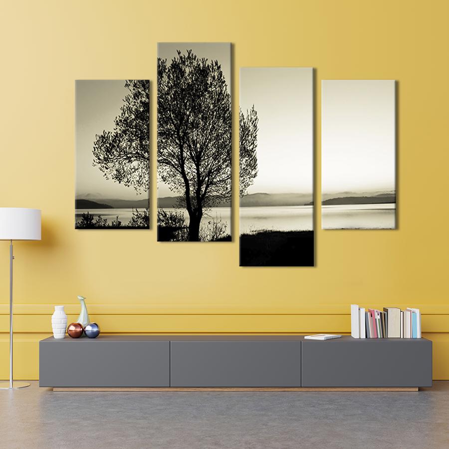 Модульная картина из четырех частей на холсте интерьерная картина Силуэт дерева на берегу озера 89x56 см (555-42)