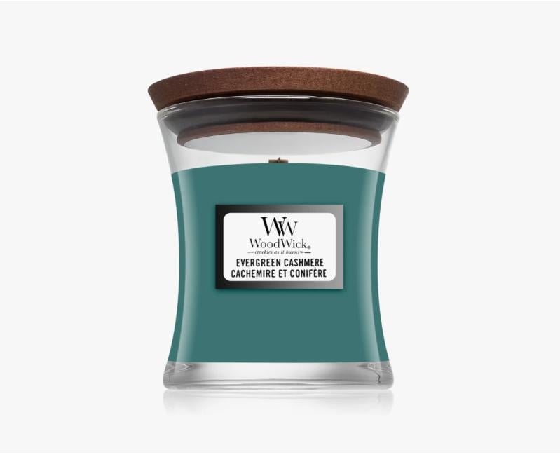 Свічка парфумерна ароматизована Woodwick Evergreen Cashmere з дерев'яним ґнотом 85 г