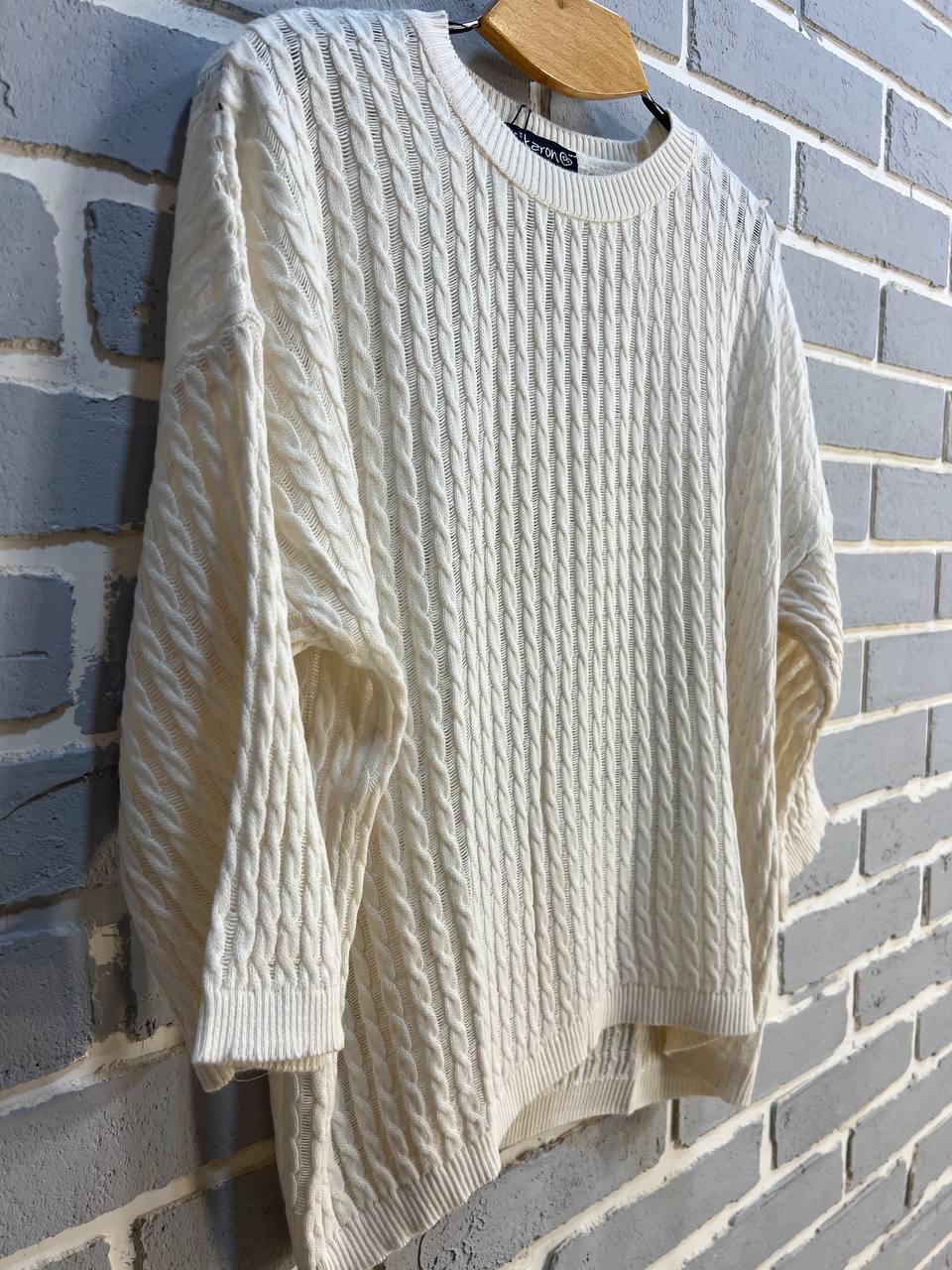 Джемпер женский KARON 10646 полупрозрачный реглан ажурная вязка косичка короткий рукав OS Молочный (1248) - фото 8