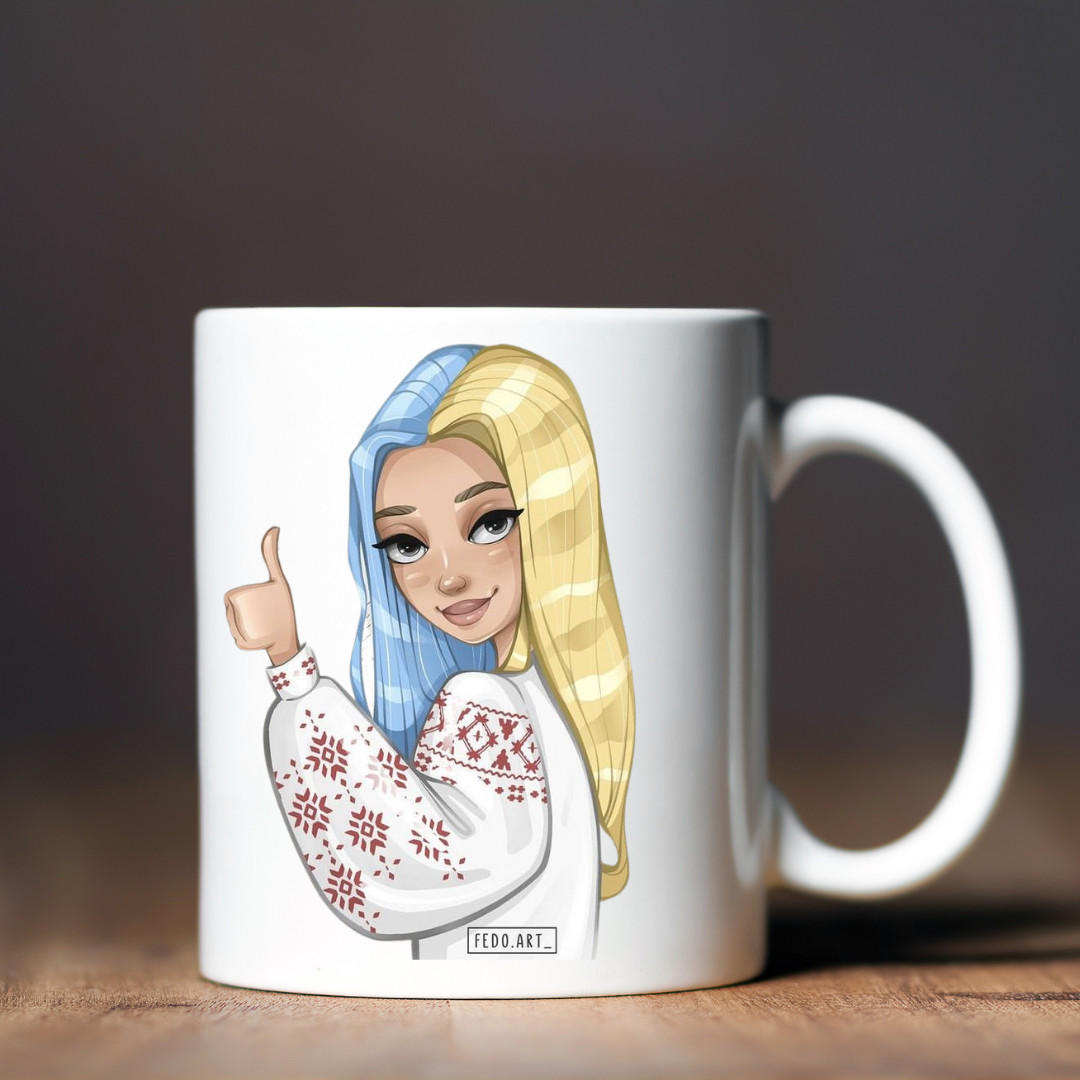 Чашка керамічна глянцева Дівчина у вишиванці 330 мл Білий (001458)