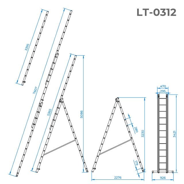 Лестница алюминиевая Intertool LT-0312 3-х секционная раскладная 3x12 ступеней 7,6 м (122216) - фото 4