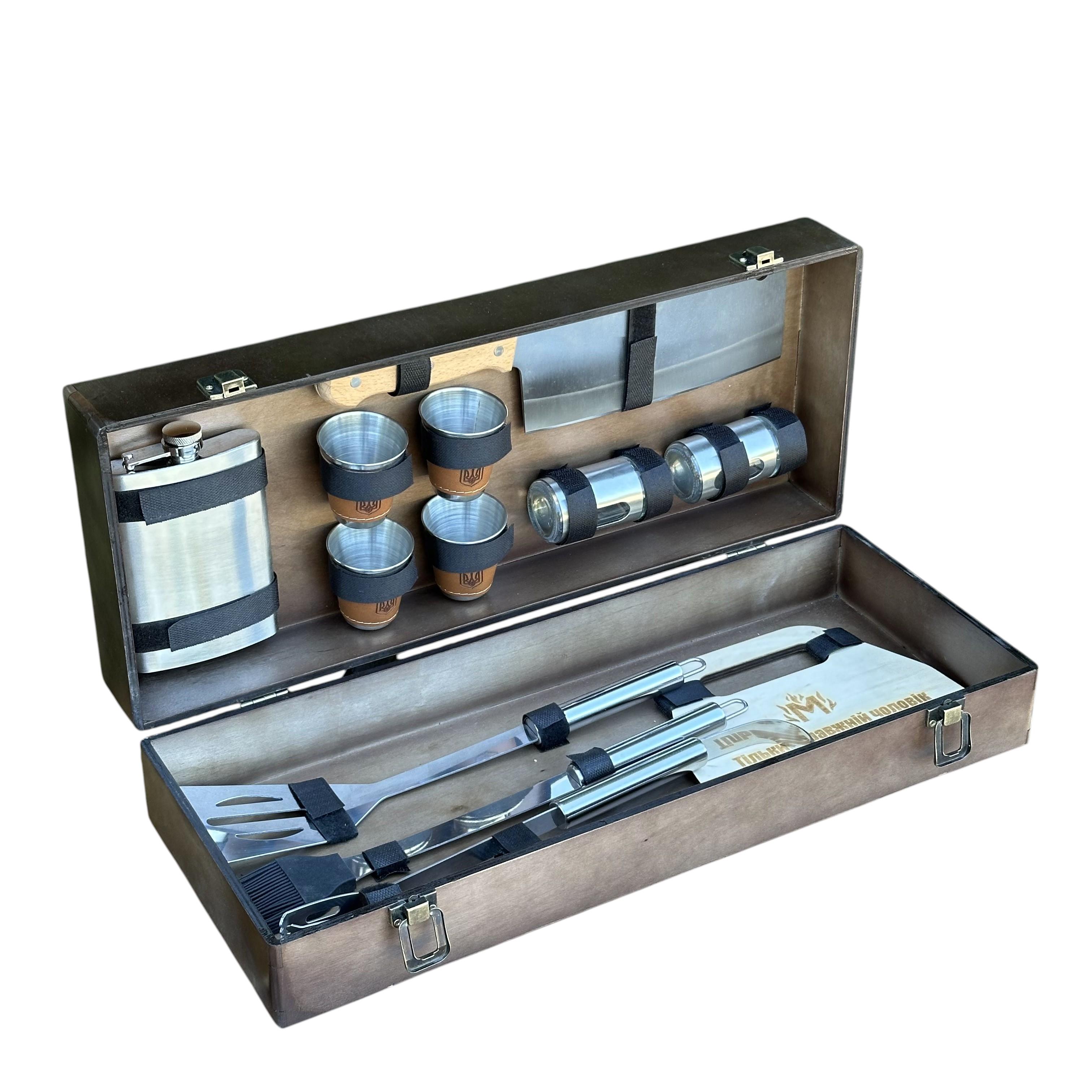 Подарочный набор аксессуаров для гриля Mzavod Гриль мини из нержавеющей стали в деревянном кейсе 500x200x120 мм (136-17-1191410000816)