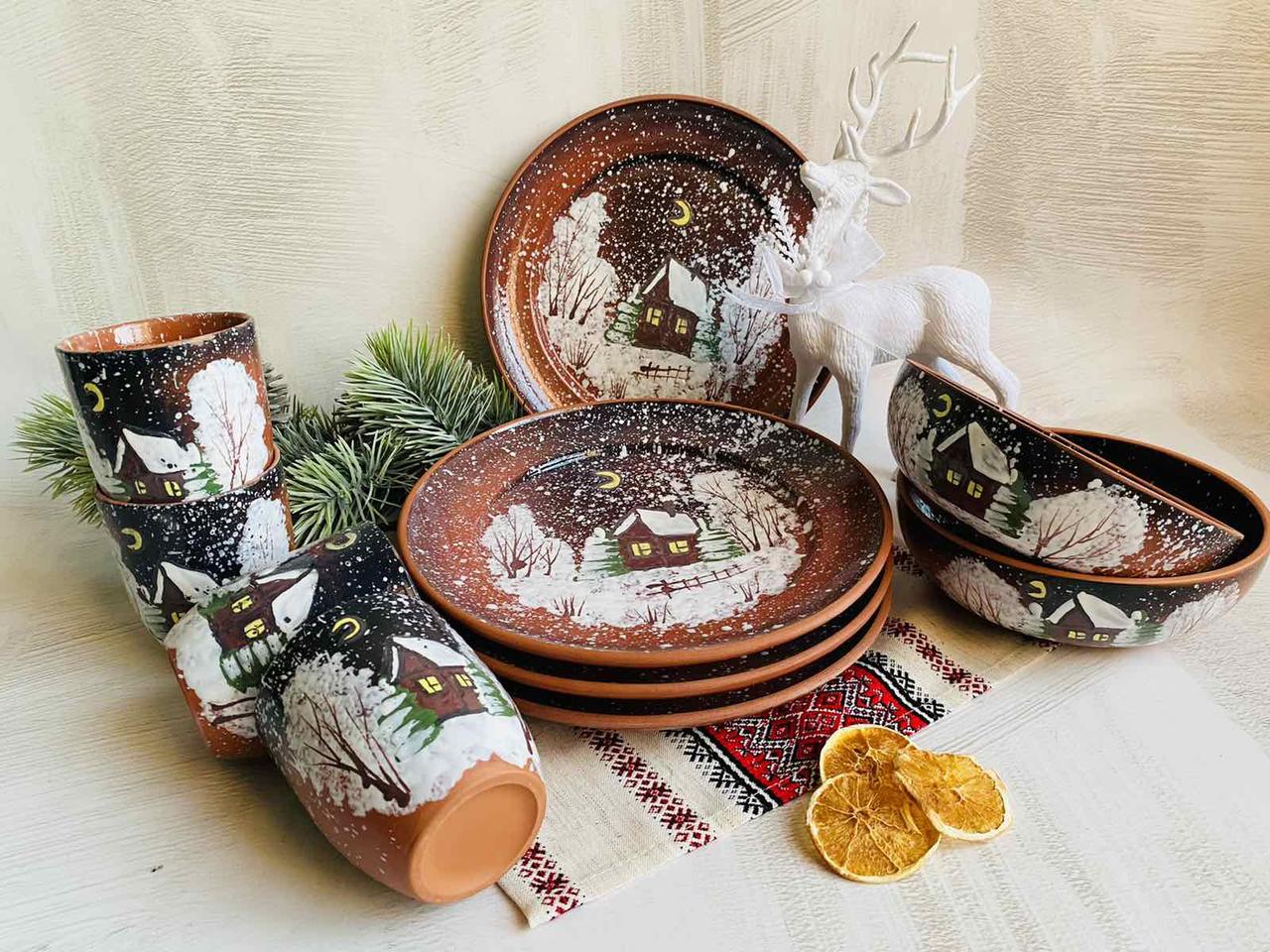 Набор глиняной посуды Рождественская зима 4 персоны с рисунком ручной работы