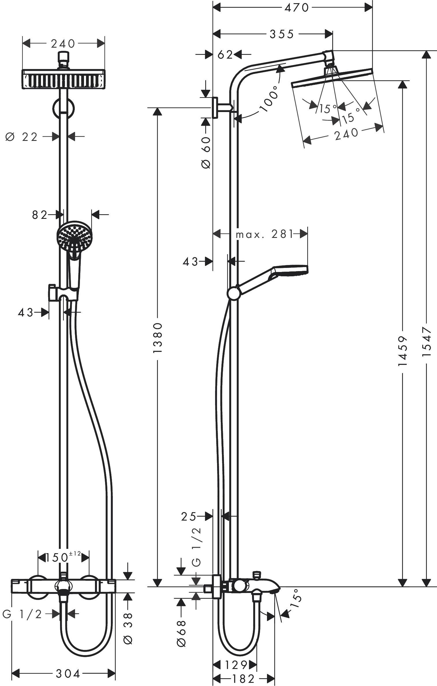 Душевая система Hansgrohe Crometta 27298000 E 240 1jet Showerpipe с термостатом Хром (meg959) - фото 4