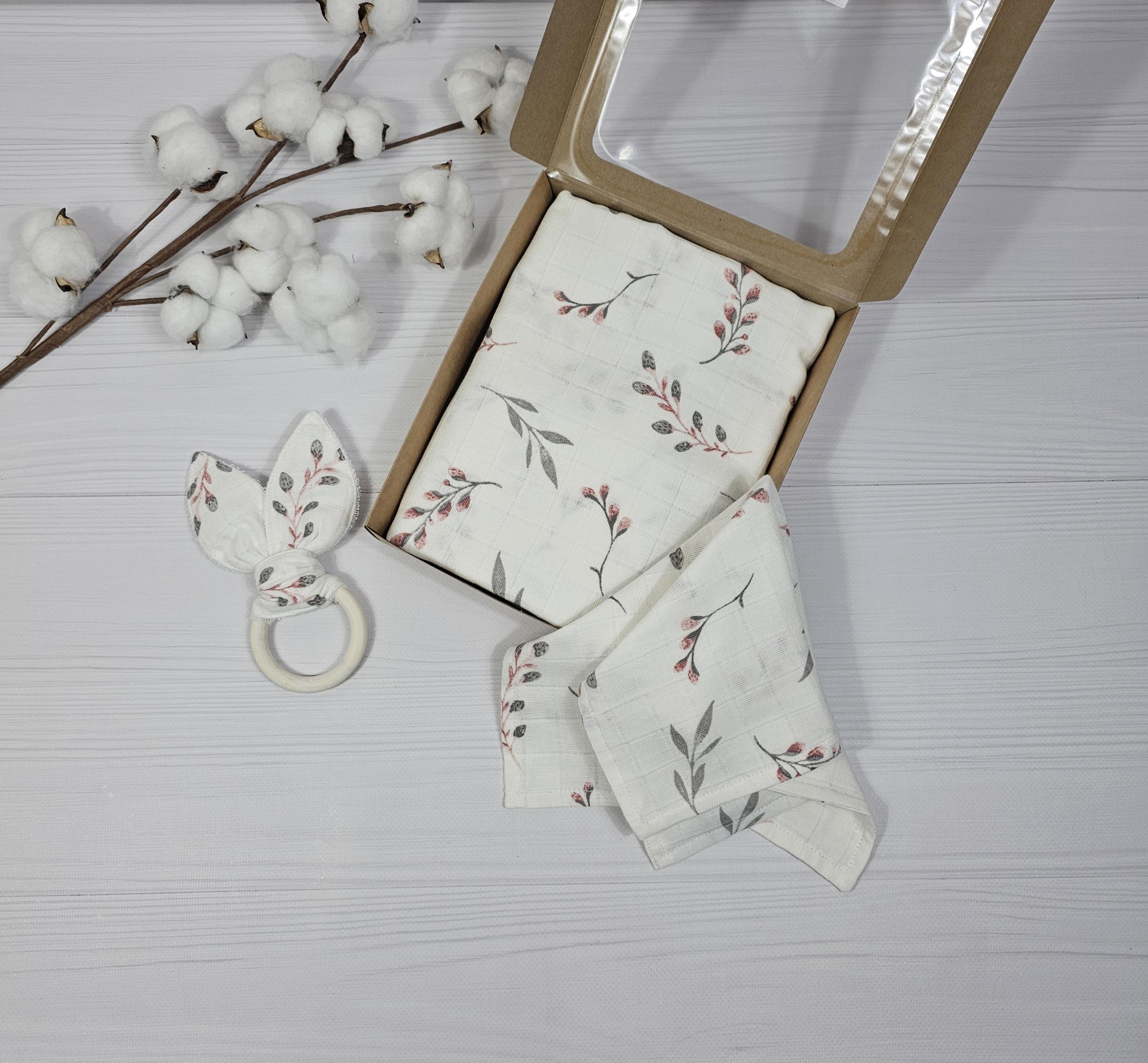 Подарочный набор детский a.l.babybox Веточки муслиновый салфетка/слюнявчик/плед-пеленка 120х120 см Разноцветный (29379124)