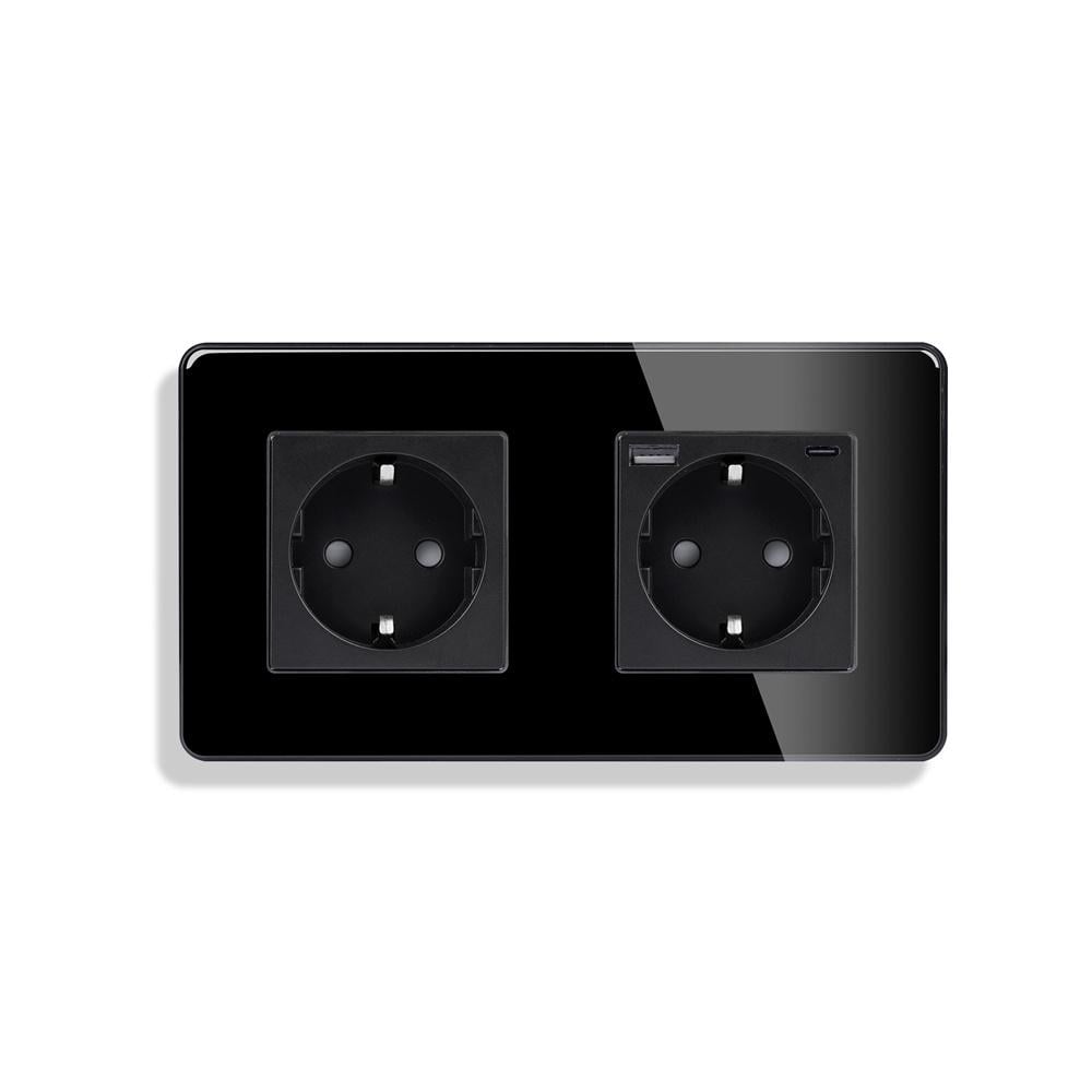 Розетка двойная ELIOS с USB A+C 20Вт с заземлением/шторками 250В 16А стеклянная рамка Черный (TW-M2FGAC-BK)