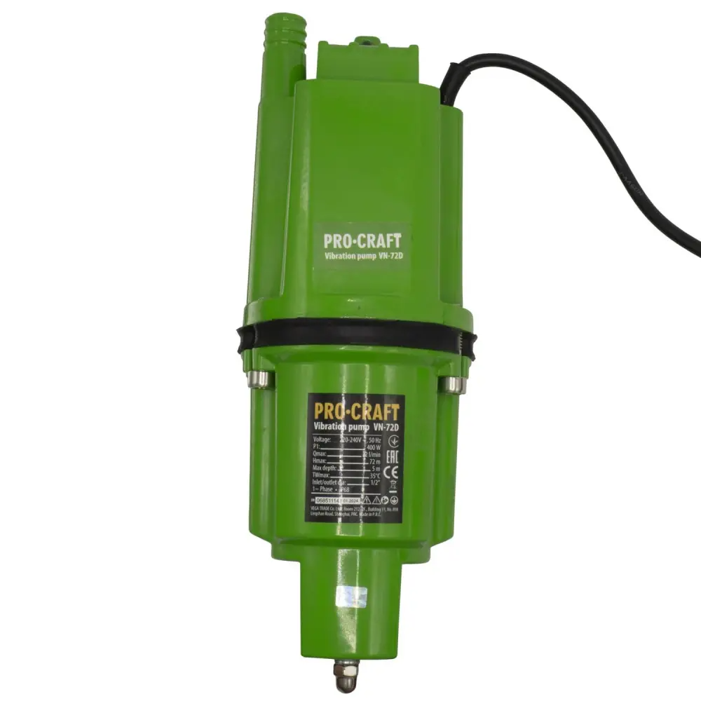 Насос занурювальний вібраційний для води Procraft VN72D 440 Вт напір 72 м 22 л/хв Зелений