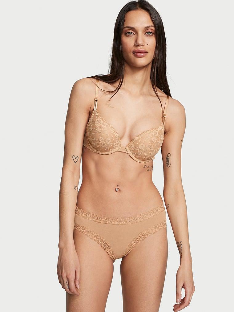 Трусики хлопковые Victoria's Secret Lace-Waist Cotton Cheeky Panty Beige XS Бежевый (26825000)