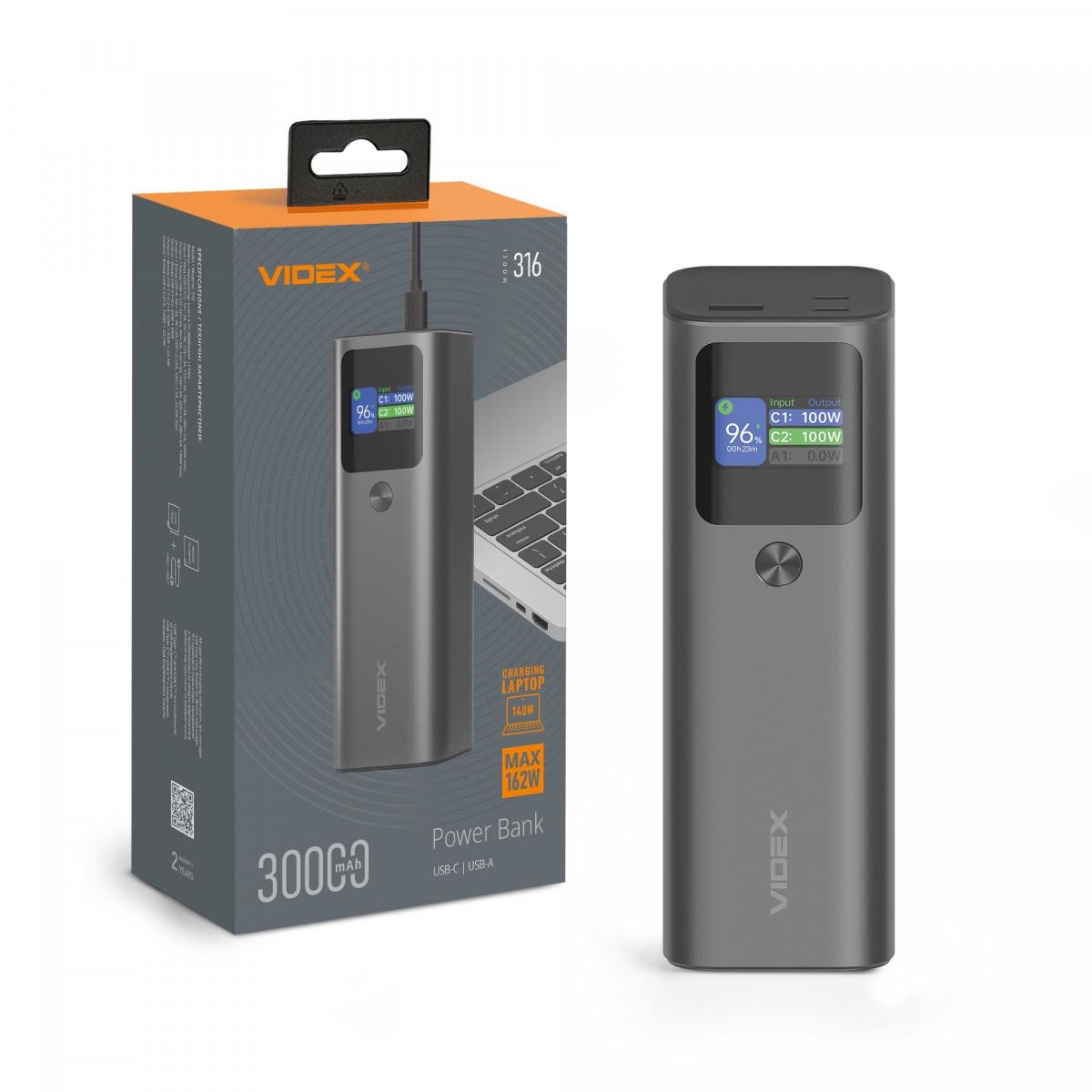 Павербанк VIDEX VPB-316 PD140W +Display Grey 30000mAh (10шт/ящ)