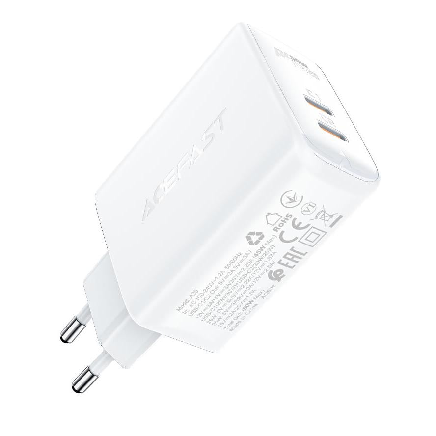 Зарядний пристрій мережевий ACEFAST AFA29W A29 PD50W GaN USB-C+USB-C dual port charger White