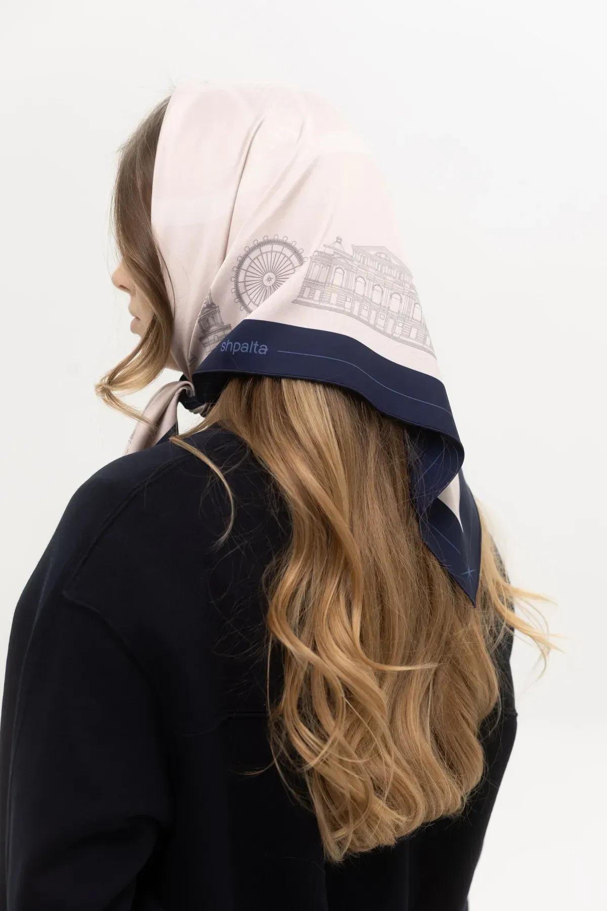 Платок Харьков шелковый односторонняя печать 55х55 см Бежево-синий (27557525) - фото 2