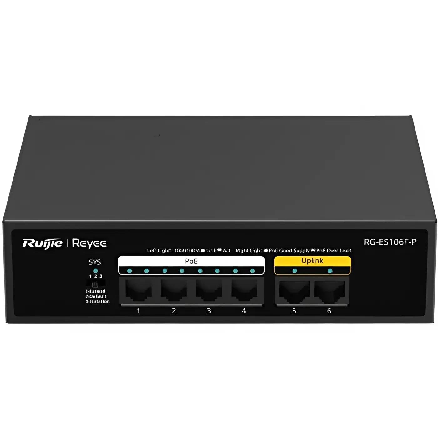 Коммутатор сетевой PoE Ruijie RG-ES106F-P 6xRJ45 неуправляемый 1,2 Gbps Черный (619808)