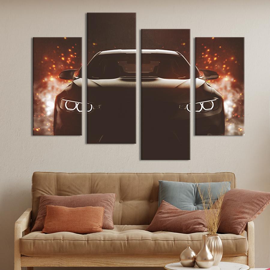 Картина модульная из 4 частей Темная машина и огненные искры XL 149x106 см (105-42)