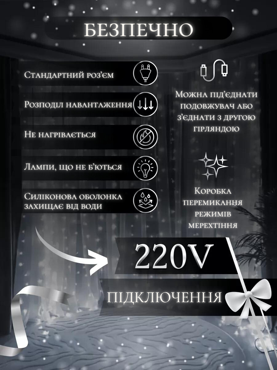 Штора-гирлянда на окно новогодняя светодиодная Белый холодный (30307092) - фото 6