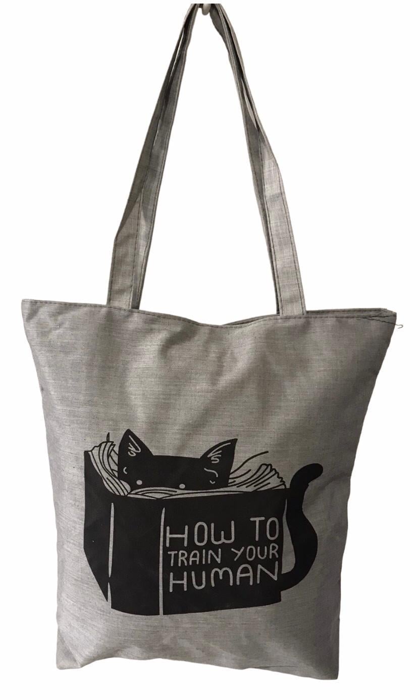 Шопер женский тканевый повседневный на молнии кот с книгой Серый (026I)