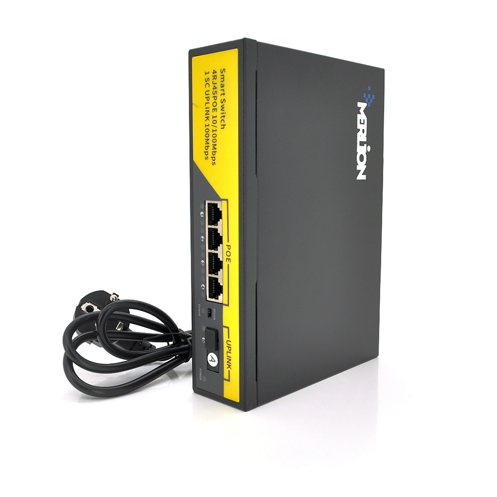 Коммутатор Merlion 4 порта 10/100 1 оптоволоконный Tx1310nm 20 км для сети POE и IP камер (13447)