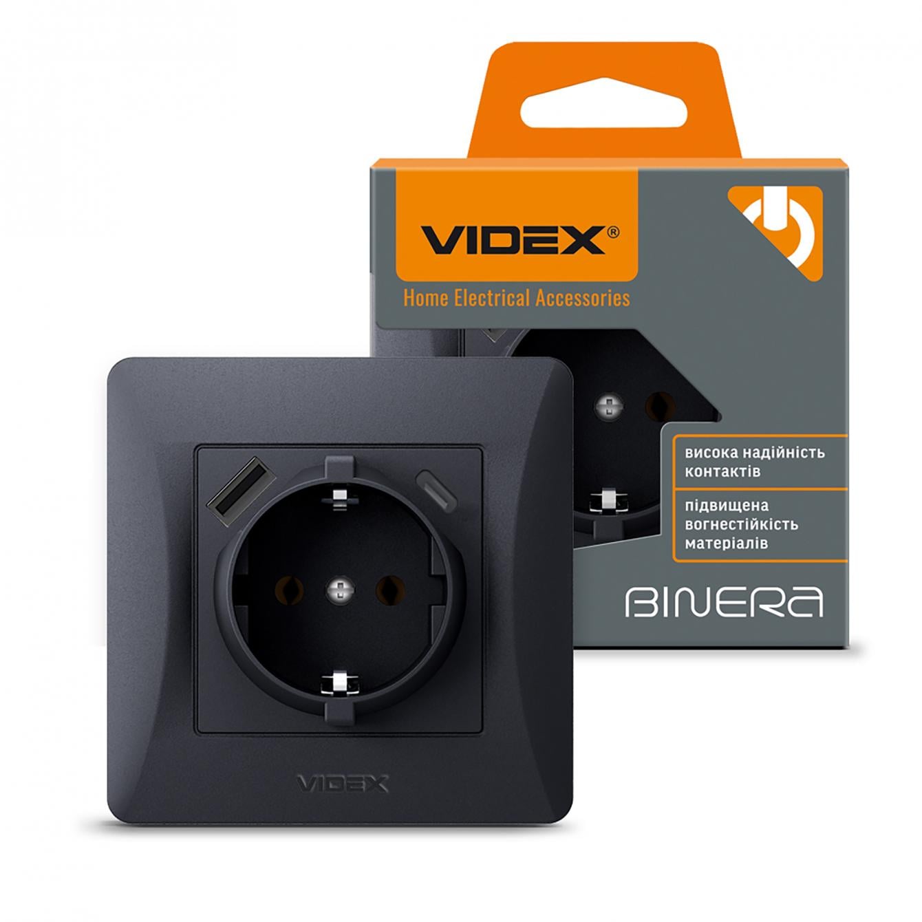 Розетка одинарна Videx BINERA із заземленням з USB+USB-C Чорний графіт (22937)